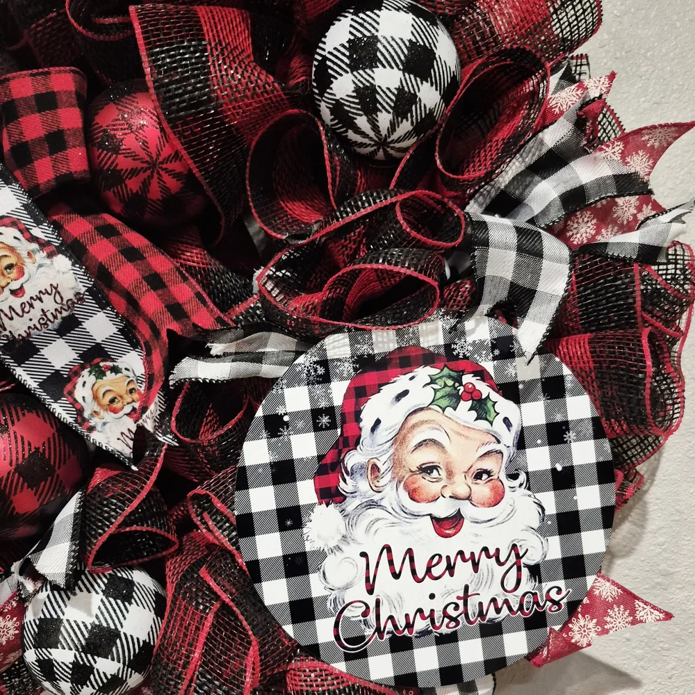 Festive Red and Black Santa Christmas Wreath Large Holiday Wreath Buffalo Check